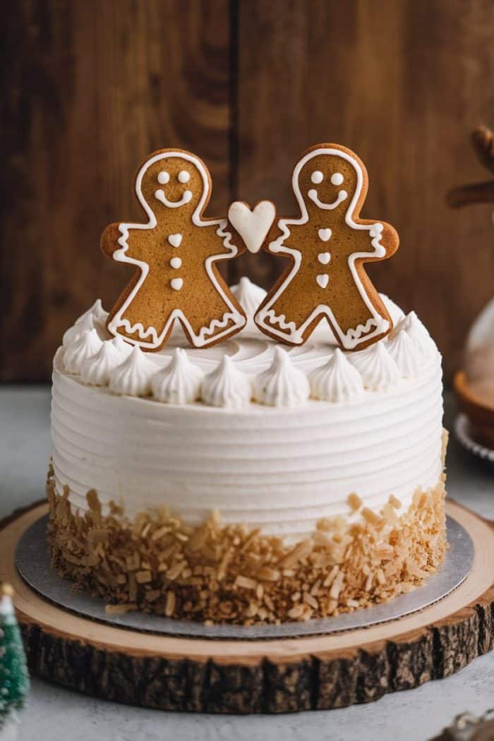 A decorated cake topped with two gingerbread cookies and a small heart. The cake has white frosting with piped swirls on top and a base adorned with crushed nuts or cookie crumbs. It's set on a wooden platter against a rustic background.