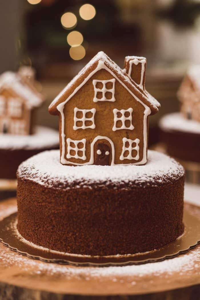 A round chocolate cake is topped with a small gingerbread house, dusted with powdered sugar. Festive lights softly twinkle in the blurred background, creating a cozy holiday atmosphere.
