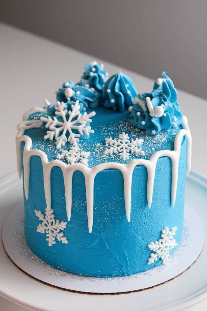 A blue cake decorated with white snowflakes and icing drips down the sides. The top features blue swirls and more snowflakes, dusted with sparkles, creating a winter-themed design.