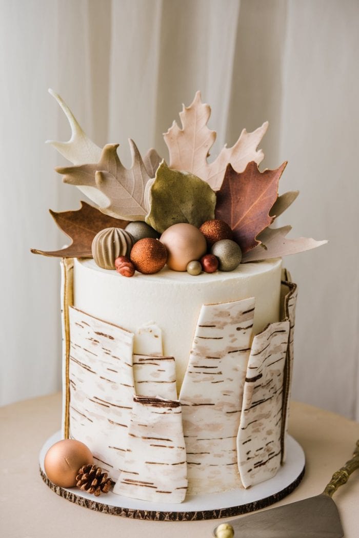 A beautifully decorated cake with birch bark accents, adorned with autumn leaf designs and metallic-colored balls on top, evoking a fall theme.