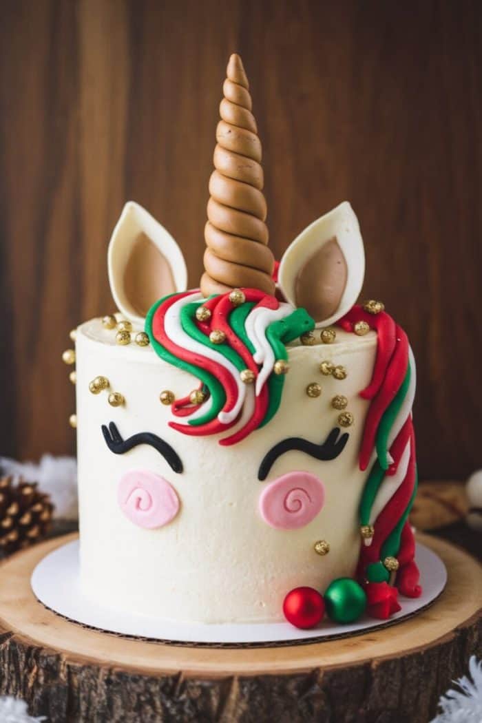 A festive unicorn cake with a gold horn, ears, and colorful mane sits on a wooden slab. The mane has red and green accents with gold beads. The cake has closed eyes with long lashes, pink cheeks, and two red and green ornaments at the base.