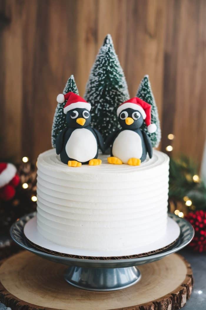 A festive cake with smooth white frosting, topped with two penguin figurines wearing Santa hats and three snowy evergreen trees. The cake sits on a gray stand, surrounded by holiday decorations and lights.