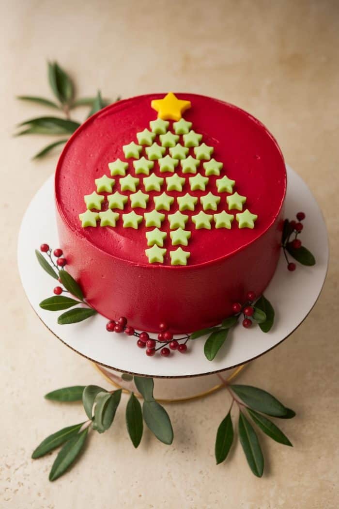 A festive cake with red icing topped with a Christmas tree pattern made of green star-shaped candies and a yellow star on top. The cake is decorated with greenery and red berries on the side.