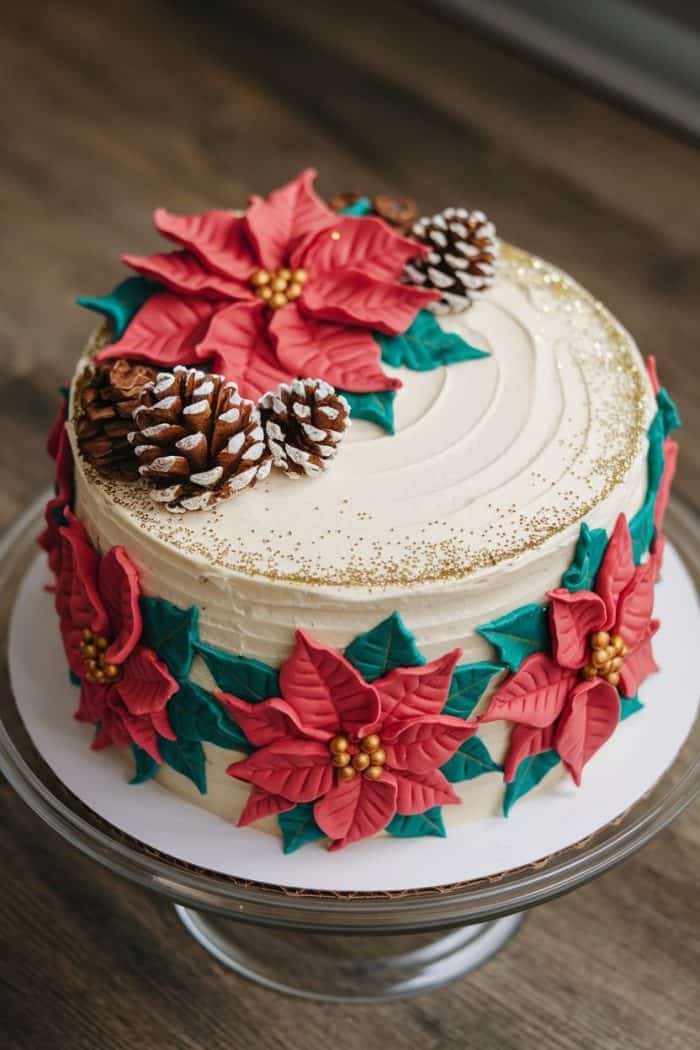 A festive cake with white frosting, decorated with red poinsettias, green leaves, golden accents, and pinecones on top. The cake is placed on a glass stand on a wooden surface.