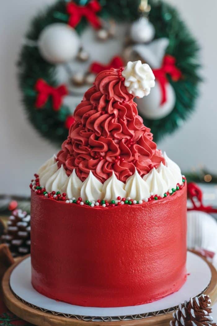 A festive cake decorated to resemble a Santa hat. The cake features vibrant red icing with white accents, topped with a white pom-pom. In the background, a Christmas wreath and ornaments add to the holiday theme.