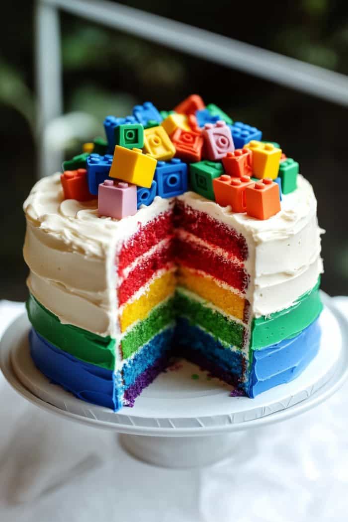 A vibrant six-layer rainbow cake with white frosting, topped with colorful toy building blocks. A large slice is cut, revealing the bright, colorful layers inside. The cake sits on a white pedestal against a blurred green background.