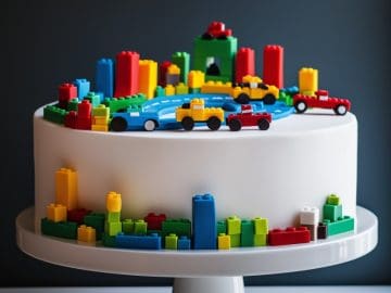 A white cake sits on a white stand, decorated with colorful, toy building blocks. The design features miniature roads and cars on top, and block structures in various bright colors around the sides.