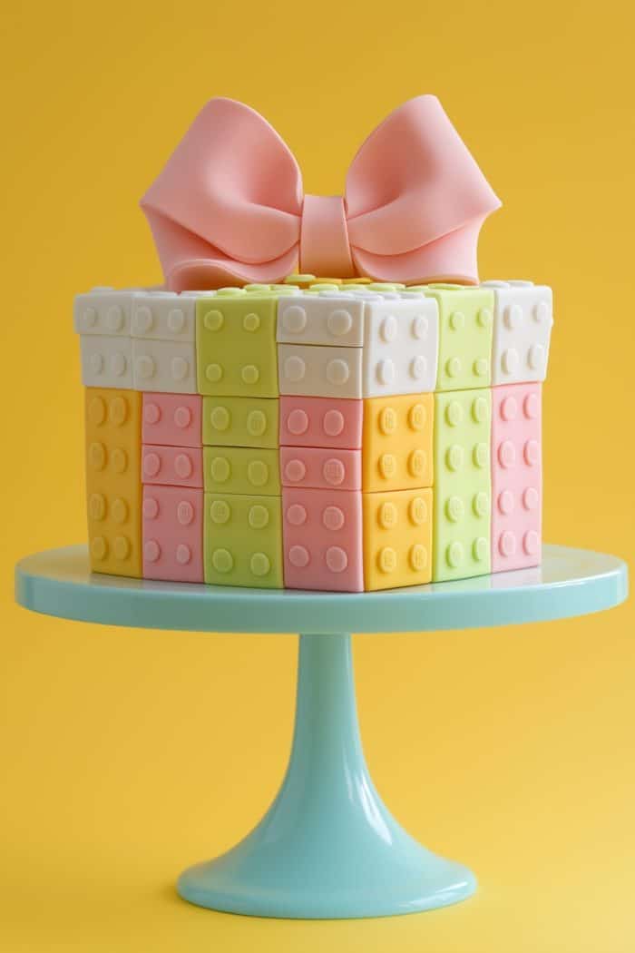 A decorative cake designed to resemble stacked blocks in pastel colors: pink, yellow, green, and white. Topped with a large pink bow. Displayed on a light blue cake stand against a yellow background.