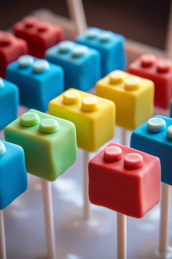 A close-up of colorful cake pops shaped like toy blocks, featuring red, blue, yellow, and green blocks with small round pieces on top, arranged neatly on sticks.