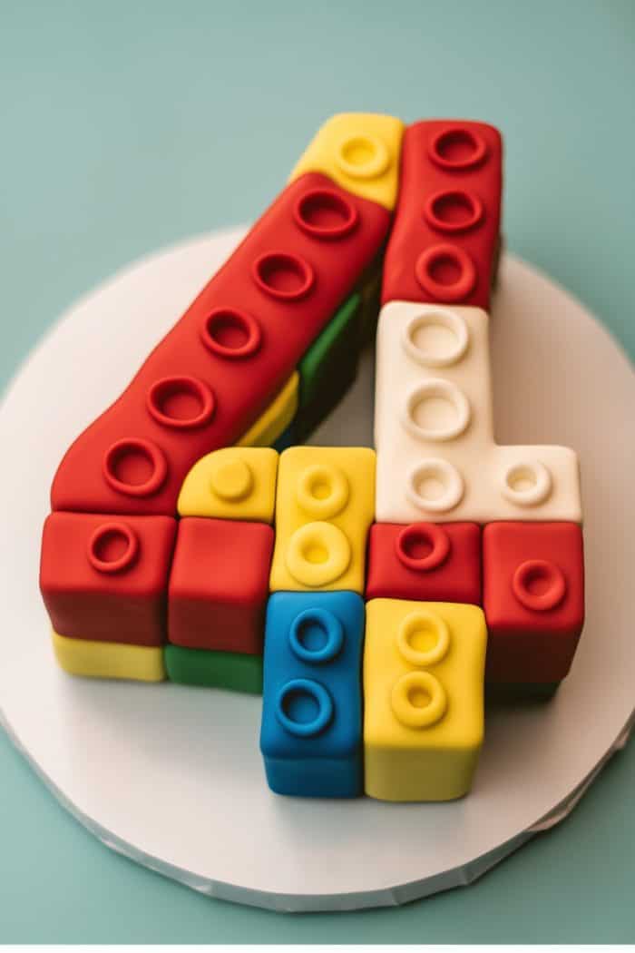 A cake shaped like the number four, decorated with colorful block-like pieces resembling toy bricks in red, yellow, blue, green, and white, against a light green background.