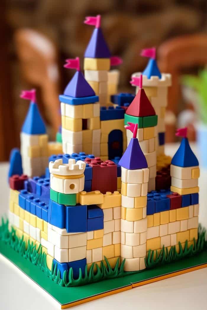 A colorful toy castle made of interlocking blocks sits on a table. The castle features towers with blue and red pointed rooftops topped with pink flags, and is surrounded by green block "grass" at the base.