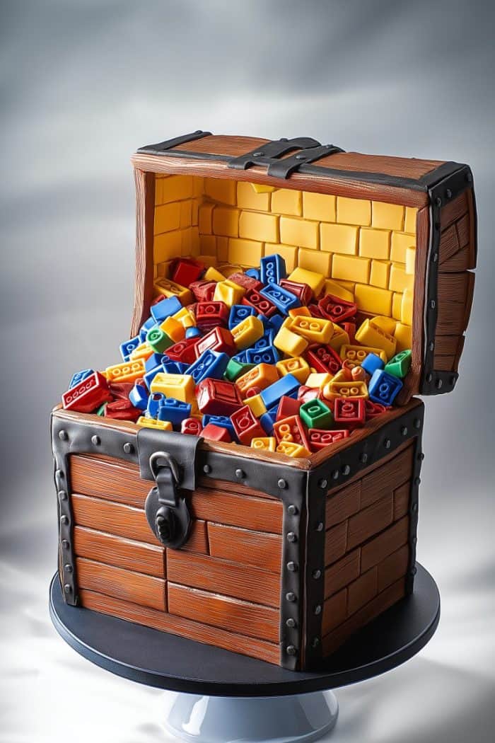 A cake designed to look like an open treasure chest, filled with colorful toy building blocks. The chest features wood-like detailing and black metal accents, sitting on a round stand.