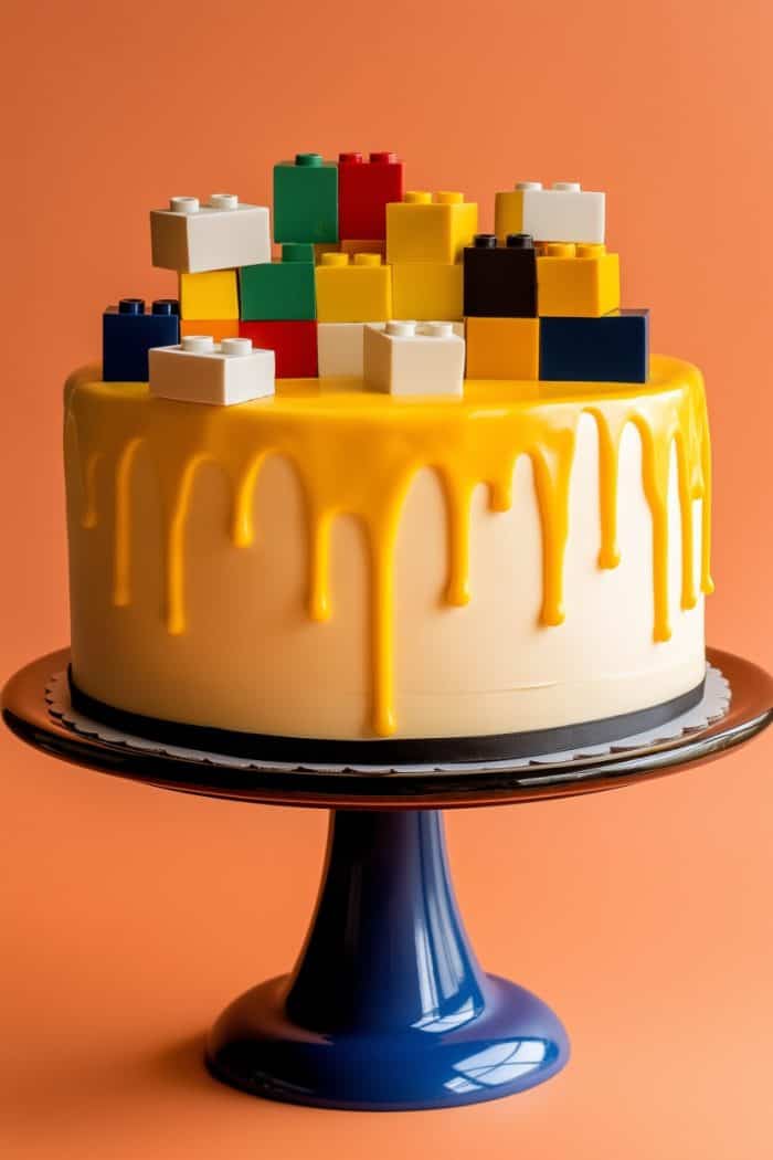 A cake with yellow drip icing is topped with colorful toy building blocks. It's displayed on a blue pedestal against an orange background.