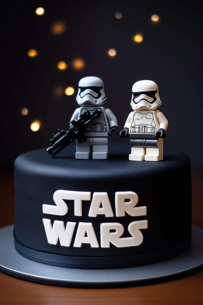 A Star Wars-themed cake with a smooth black icing surface features two Lego stormtrooper figures on top. The cake has the Star Wars logo in white. Soft bokeh lights glow in the dark background.