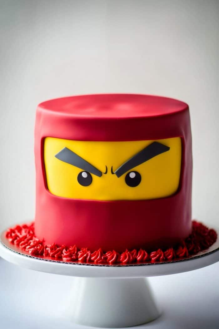 A round cake designed to look like a red ninja figure, with a yellow face and black eyebrows. The cake is red with decorative red frosting at the base, placed on a white cake stand against a plain background.