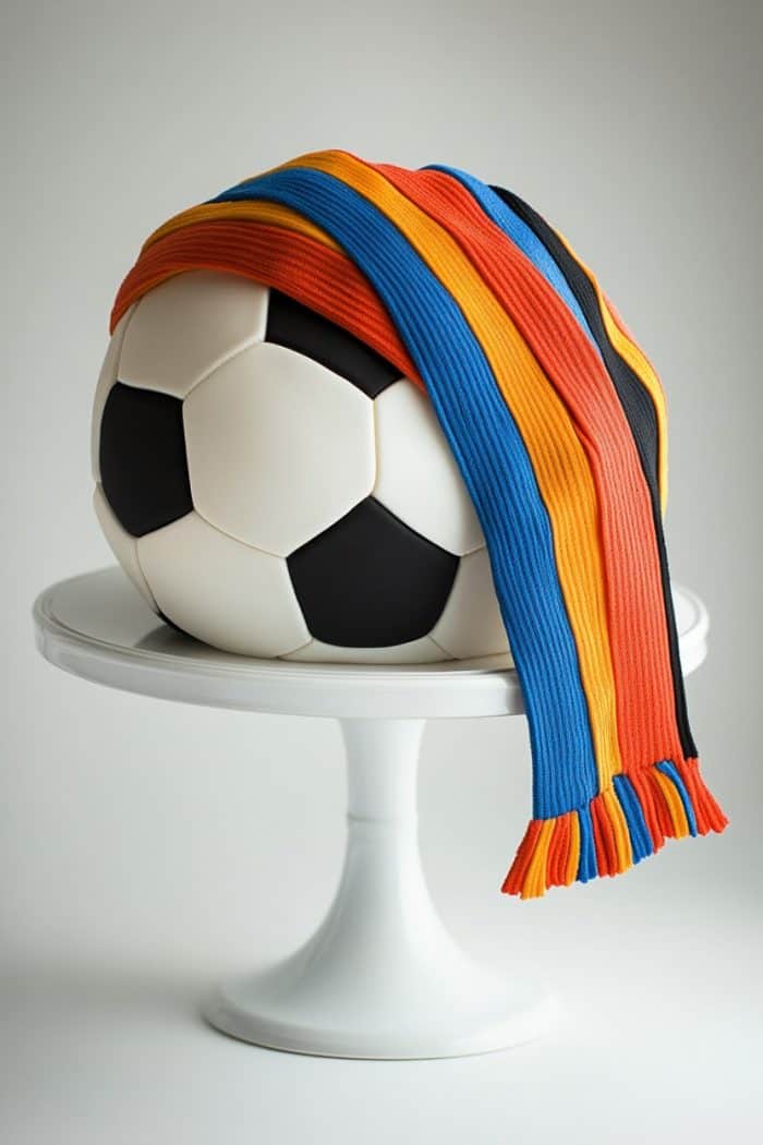 A soccer ball on a white pedestal is partially covered with a colorful scarf featuring stripes of blue, orange, yellow, and black.
