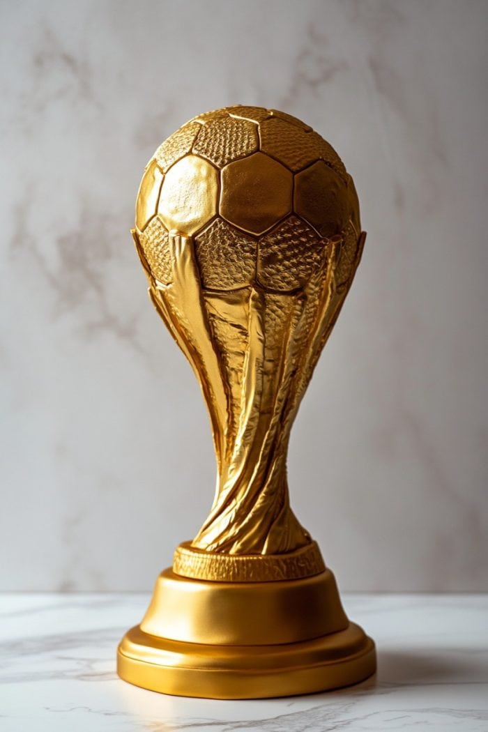 A golden trophy resembling a soccer ball on a stand, intricately designed with hexagonal and pentagonal patterns. It is set against a marble-like background.