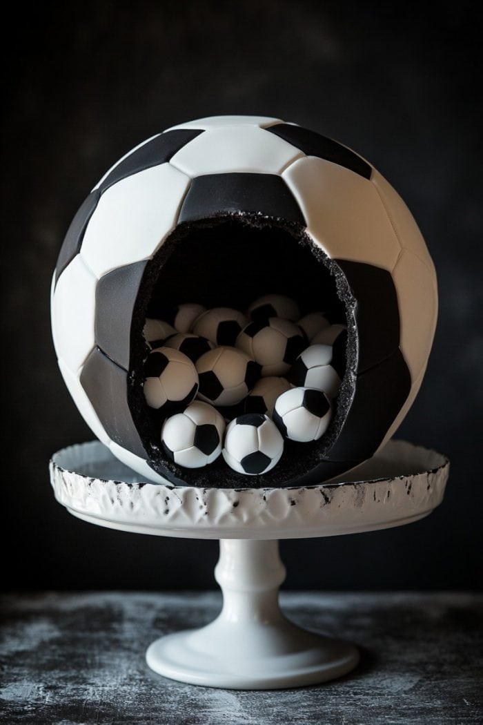 A large soccer ball-shaped cake on a stand is cut open to reveal multiple smaller soccer ball-shaped cake pops inside. The scene is set against a dark background.