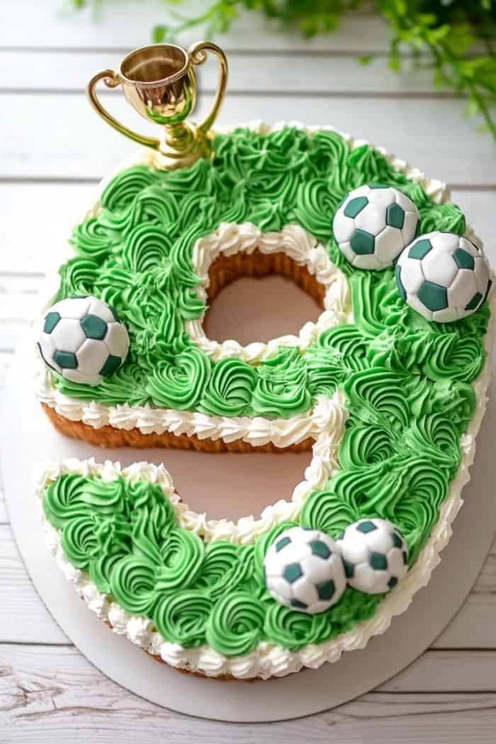 A cake shaped like the number nine, covered in green and white frosting swirls resembling grass. Decorated with three miniature soccer balls and a small gold trophy on top. The background is a light wooden surface with some greenery.