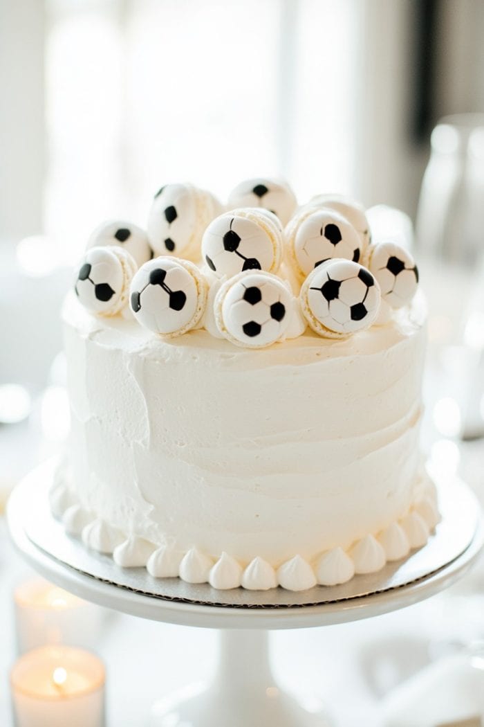 A white frosted cake topped with small round macarons decorated to look like soccer balls. The cake is displayed on a white pedestal stand, surrounded by softly lit candles.