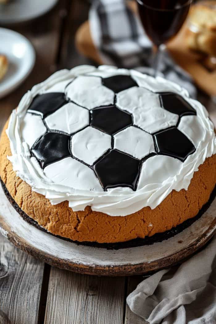 A round cake resembling a soccer ball with black and white hexagonal and pentagonal designs on top. It's placed on a wooden surface next to a checked cloth and a wine glass. The cake has a thick layer of frosting around the edges.