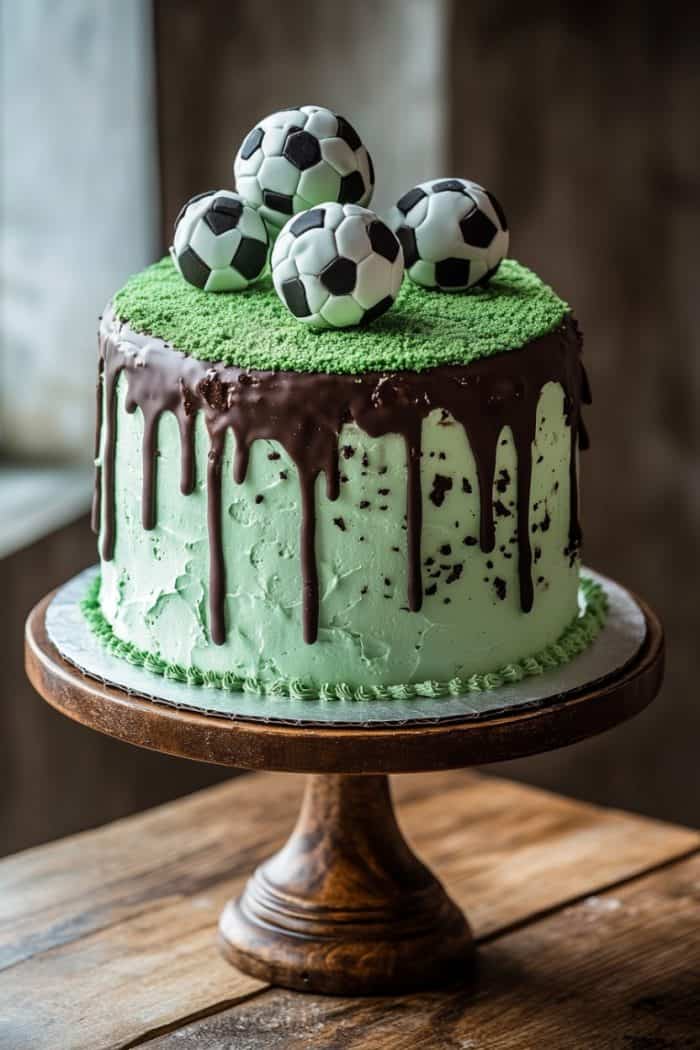 A soccer-themed cake with light green frosting, topped with chocolate drips and green sprinkles resembling grass. Four fondant soccer balls are arranged on top. The cake is displayed on a wooden stand.