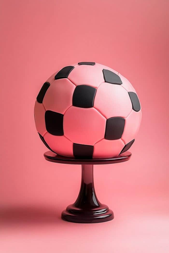 A pink and black soccer ball sits on a dark pedestal against a light pink background.