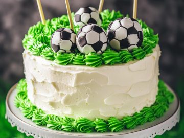 A white frosted cake with green icing trim, topped with soccer ball decorations and green and black swirl lollipops, is displayed on a white cake stand against a grassy backdrop.