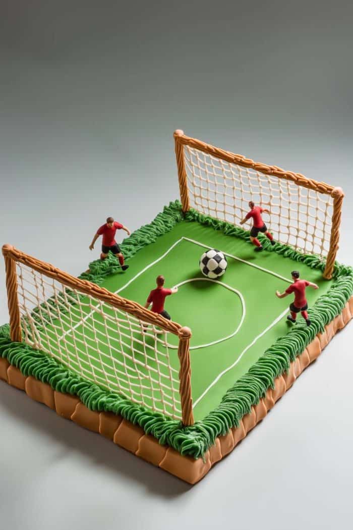A square cake decorated as a soccer field with green icing and two goals made of icing. Three icing players in red uniforms and a black-and-white soccer ball are on top. The edges of the cake have green icing resembling grass.
