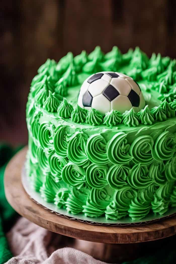 A round cake covered in green frosting with decorative swirls. On top, there is a fondant soccer ball centerpiece, creating a playful sports theme. The cake sits on a wooden stand.