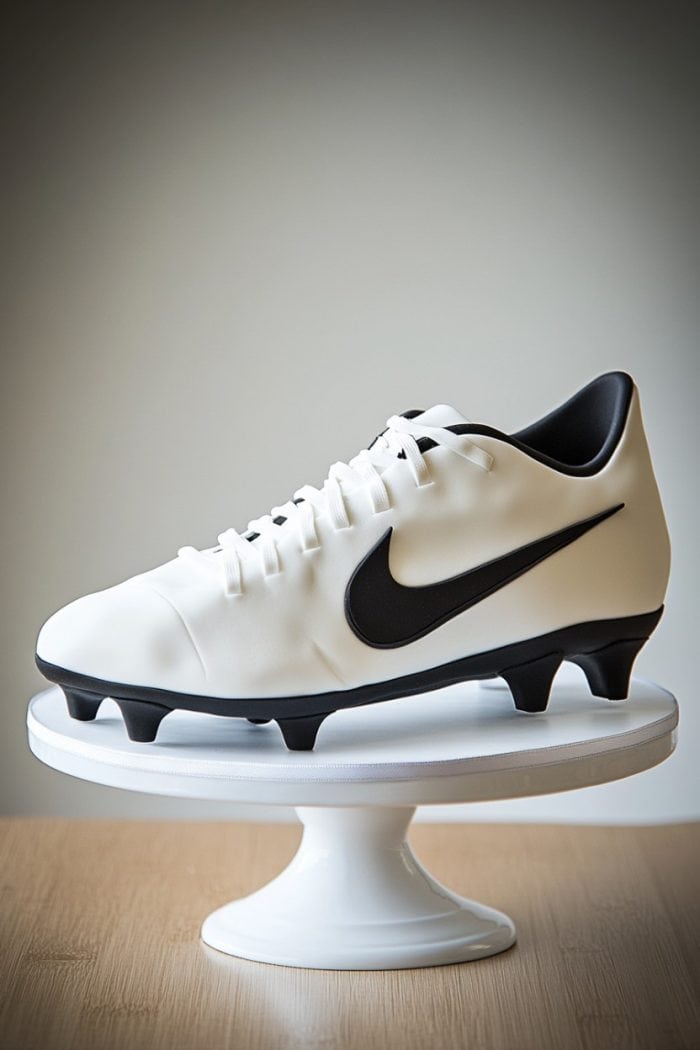 A white and black soccer cleat with a Nike swoosh logo is displayed on a round, white stand. It has black studs and is set against a neutral background.