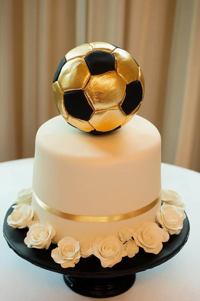 A white, two-tiered cake with a gold ribbon features a gold and black soccer ball on top. White roses decorate the base, and the cake sits on a black stand. The background is a soft, neutral curtain.
