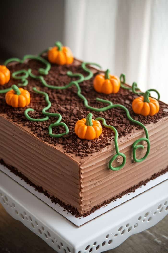 A chocolate rectangular cake decorated with small fondant pumpkins and green vine-like designs. It's set on a white cake stand with a lacy pattern around the edges.