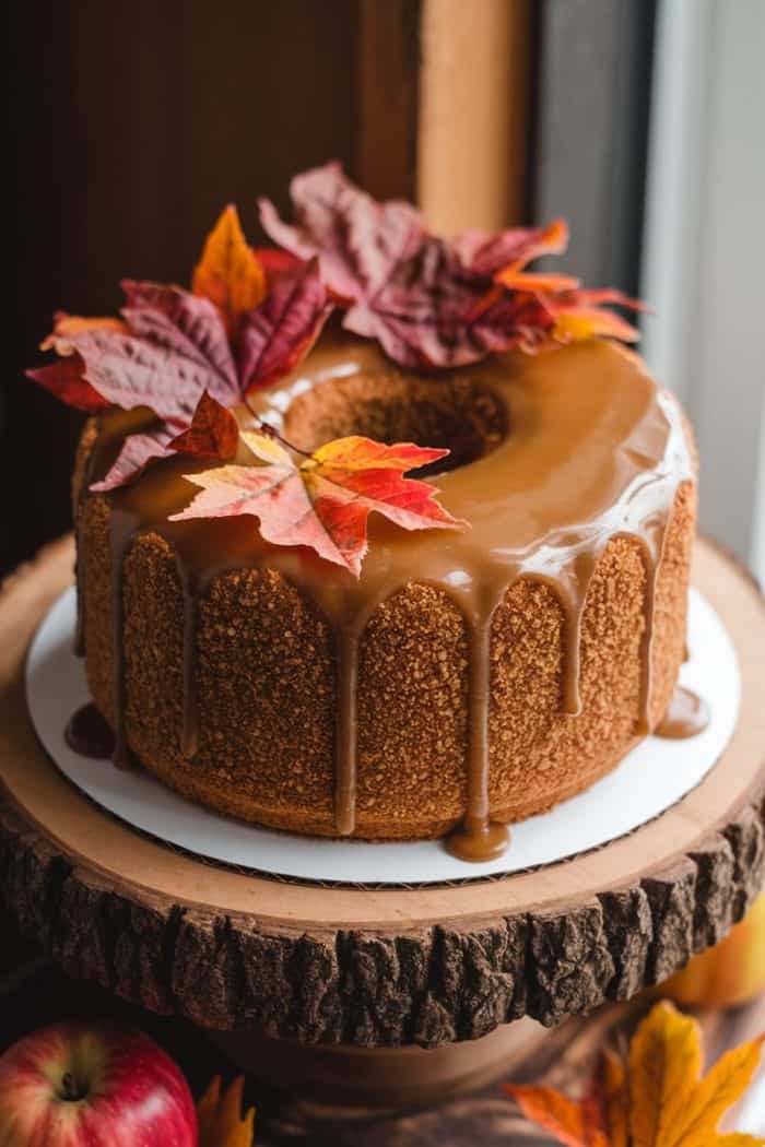 A bundt cake with caramel glaze, topped with autumn leaves, sits on a wooden stand. An apple and more leaves surround the cake, suggesting a fall theme.