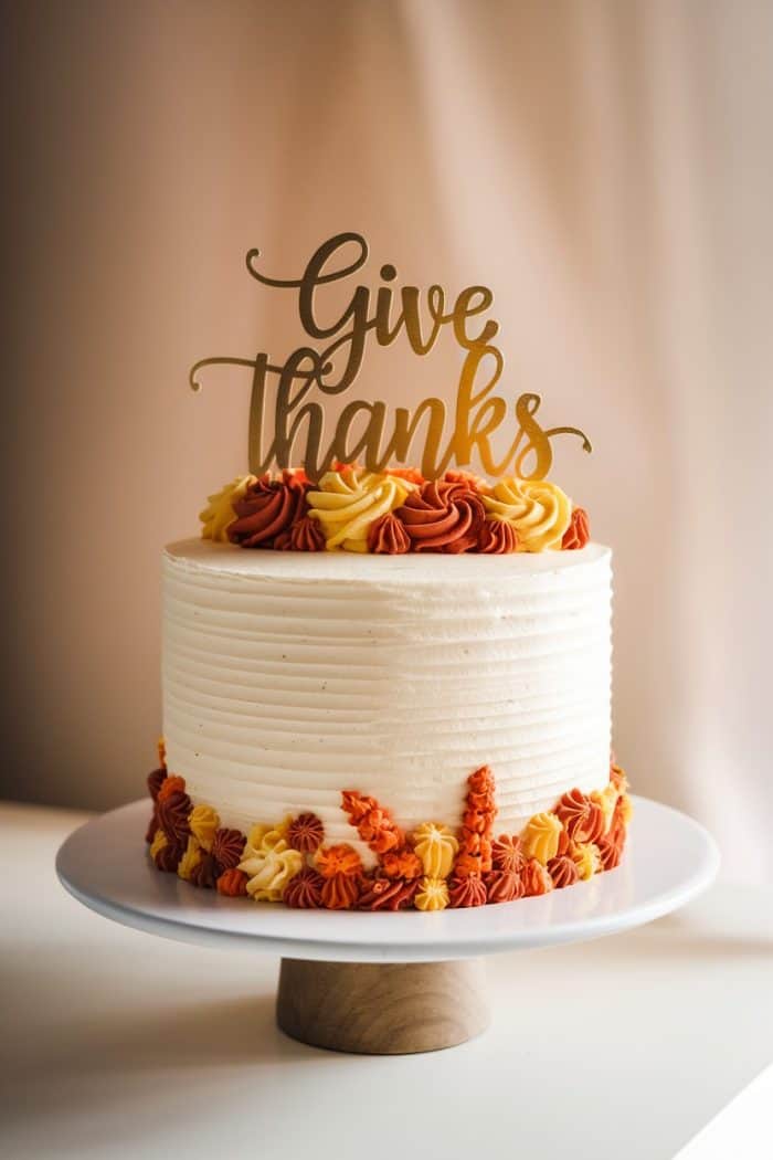 A white frosted cake on a pedestal decorated with orange, yellow, and red frosting flowers and leaves. A gold topper reading "Give thanks" is placed on top. The background is softly blurred.
