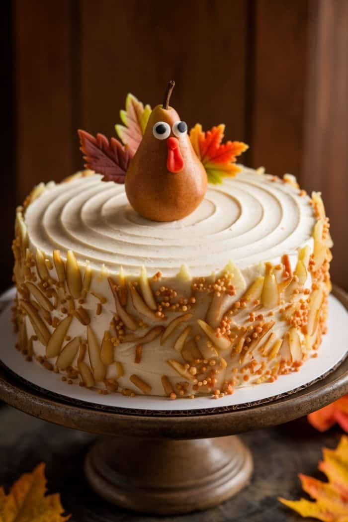 A round cake decorated with white frosting and autumn-themed accents sits on a stand. A small pear, designed as a turkey with candy eyes and a red candy wattle, is placed on top. Leaves are scattered around the base of the stand.