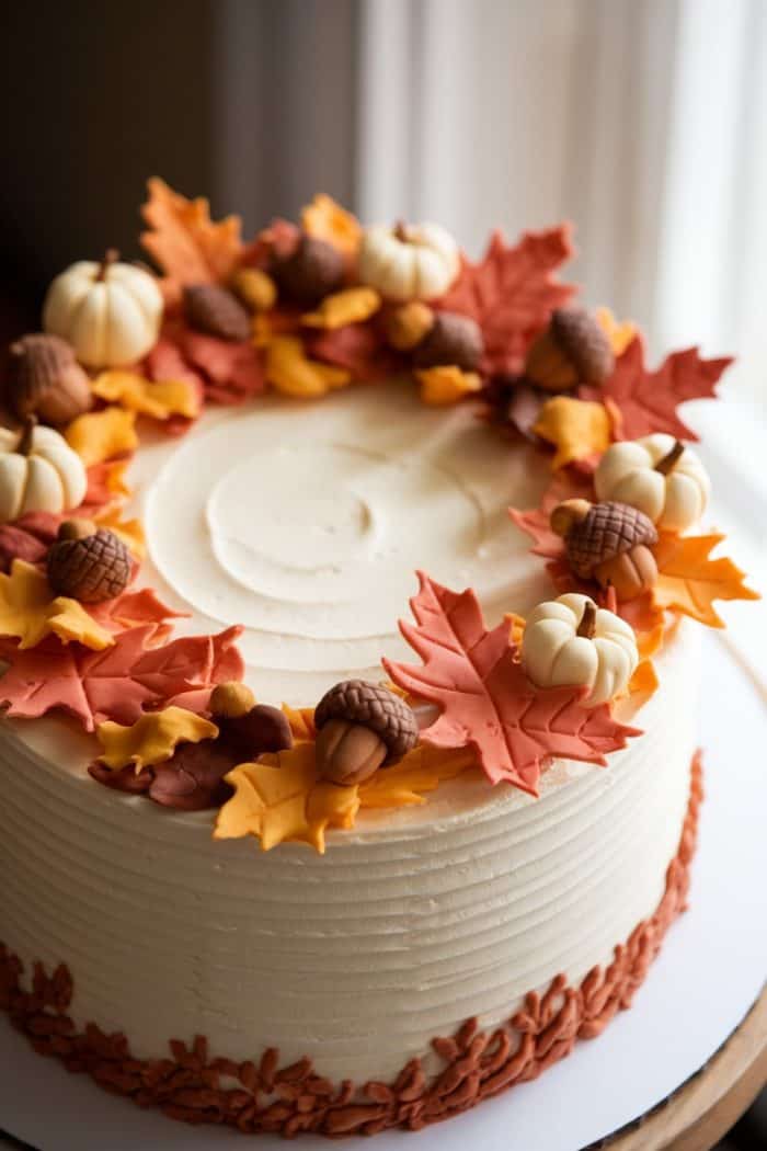 A round cake with white frosting, decorated with small pumpkins, acorns, and autumn leaves made from icing in shades of orange, red, and yellow. The design encircles the top edge and base of the cake.