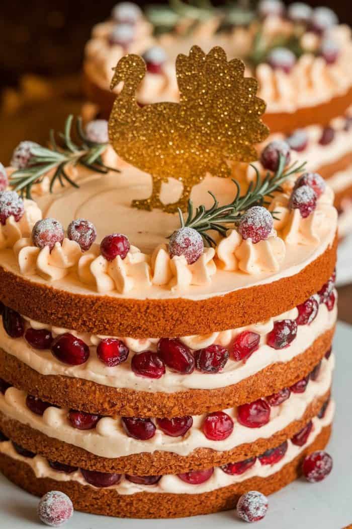 A festive cake featuring layers of sponge and cream, decorated with cranberries and rosemary. The top is adorned with a glittery gold turkey ornament.
