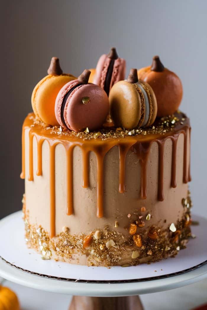 A decorated cake with caramel glaze and macarons. The cake features a smooth frosting with caramel drip on the sides. Golden accents and crushed nuts embellish the base, while macarons resemble small pumpkins on top.
