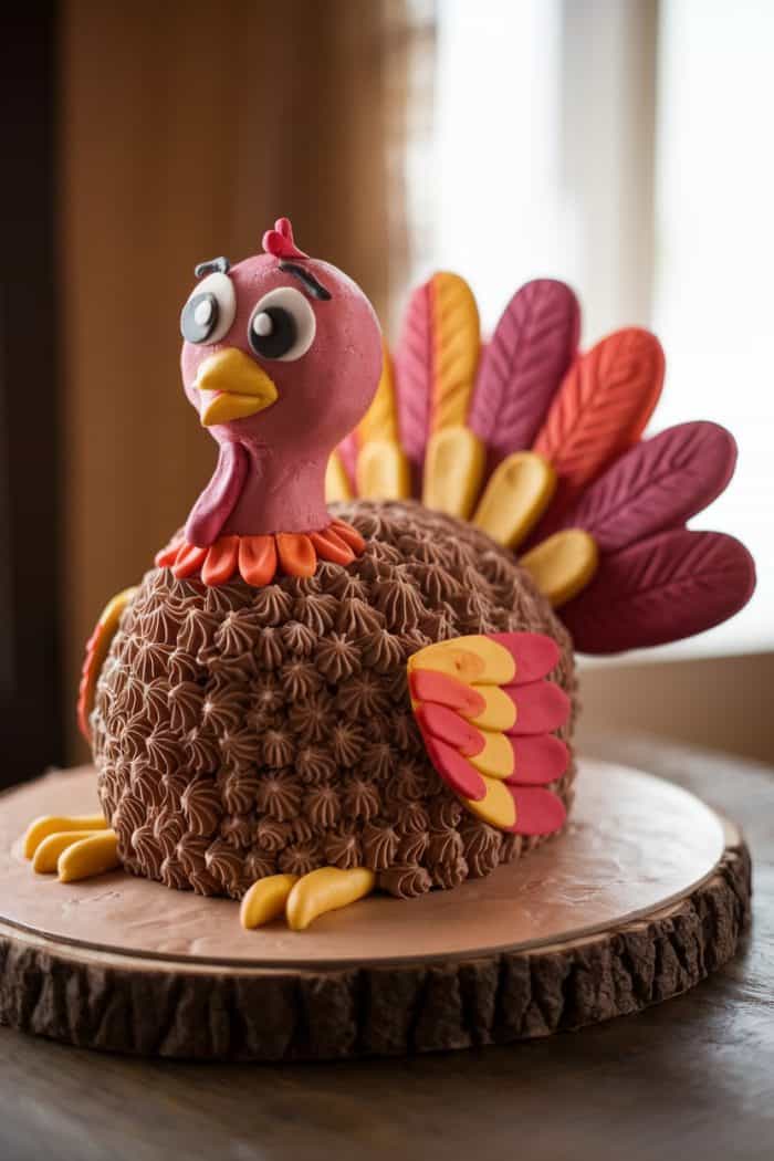 A creatively designed turkey cake with chocolate frosting, featuring vibrant decorations in red, yellow, and orange to resemble feathers and details, displayed on a rustic wooden base.