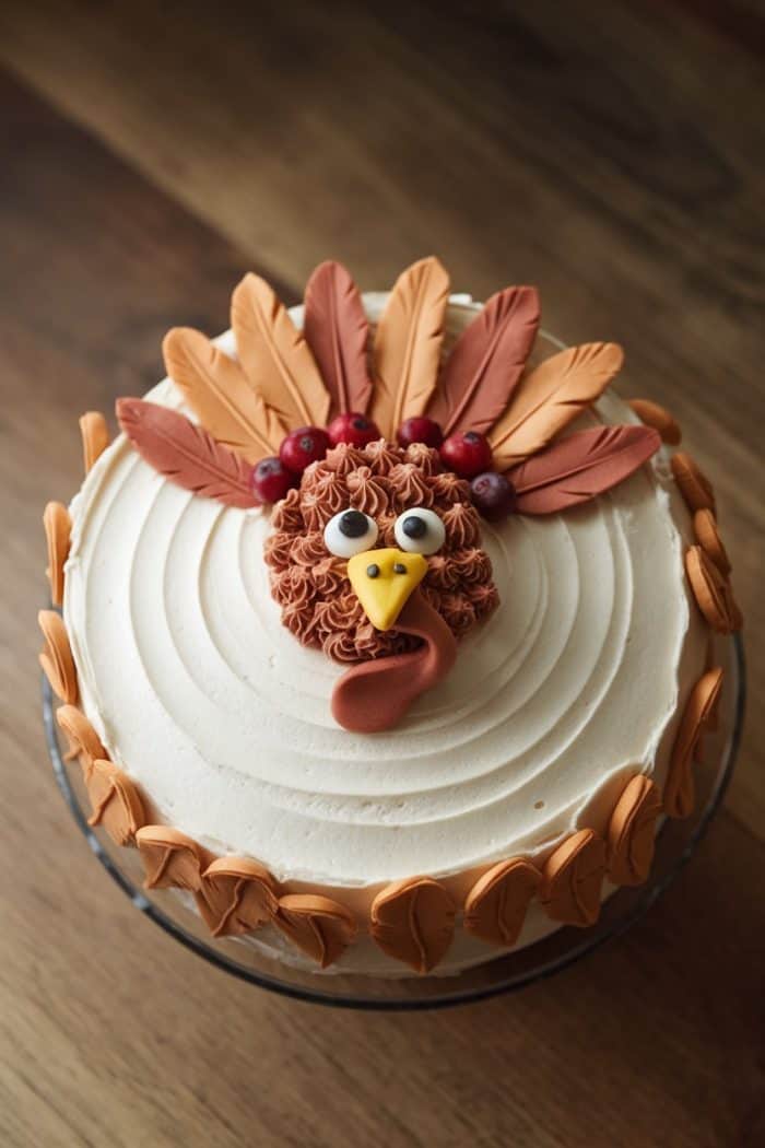 A round cake with white frosting, decorated with a turkey face made of icing. The turkey has brown icing for feathers, googly eyes, a yellow beak, and a red wattle. The feather decorations extend outward from the face.