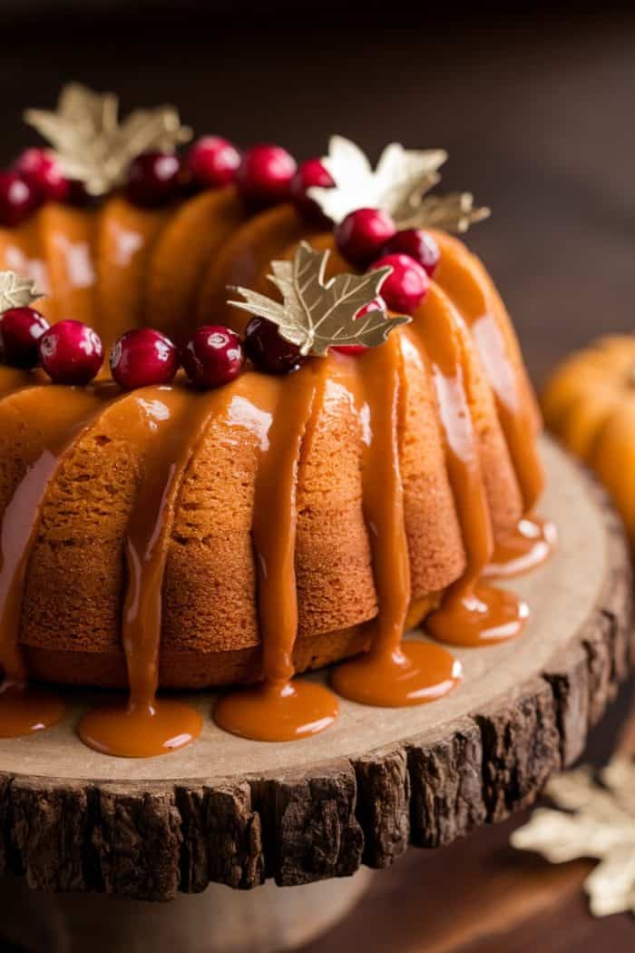 A bundt cake with caramel drizzle sits on a rustic wooden stand. It's decorated with red berries and gold leaves, creating a festive appearance.