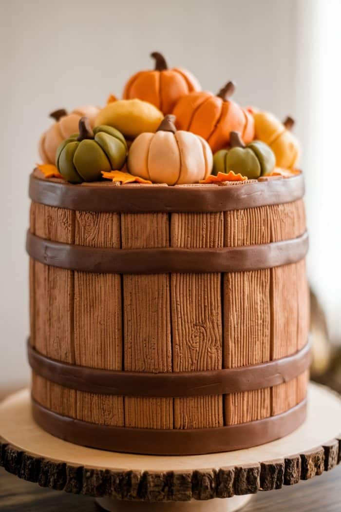 A cake designed to look like a wooden barrel, adorned with fondant pumpkins in shades of orange, yellow, and green, set on a wooden cake stand.