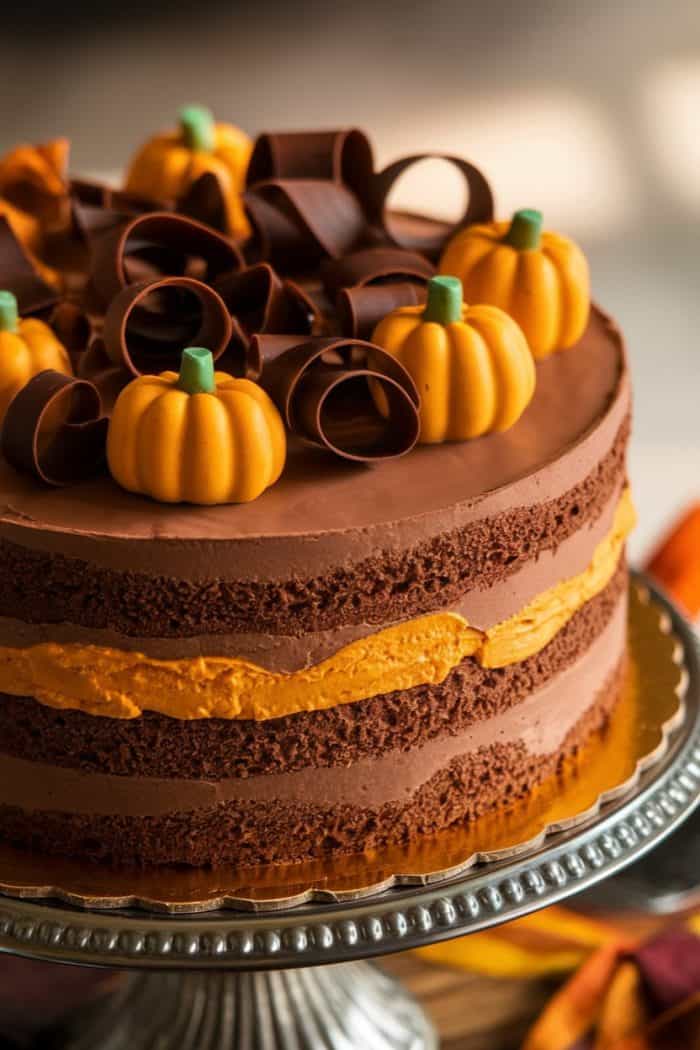 A chocolate layered cake topped with small pumpkin-shaped decorations and chocolate curls, displayed on a silver cake stand. The cake has orange frosting between its layers, creating a festive autumnal look.