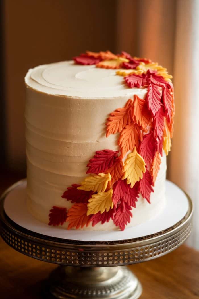 A tall cake covered in smooth white frosting is decorated with autumn-themed fondant leaves cascading down one side, featuring shades of red, orange, and yellow. The cake sits on an ornate silver stand on a wooden table.