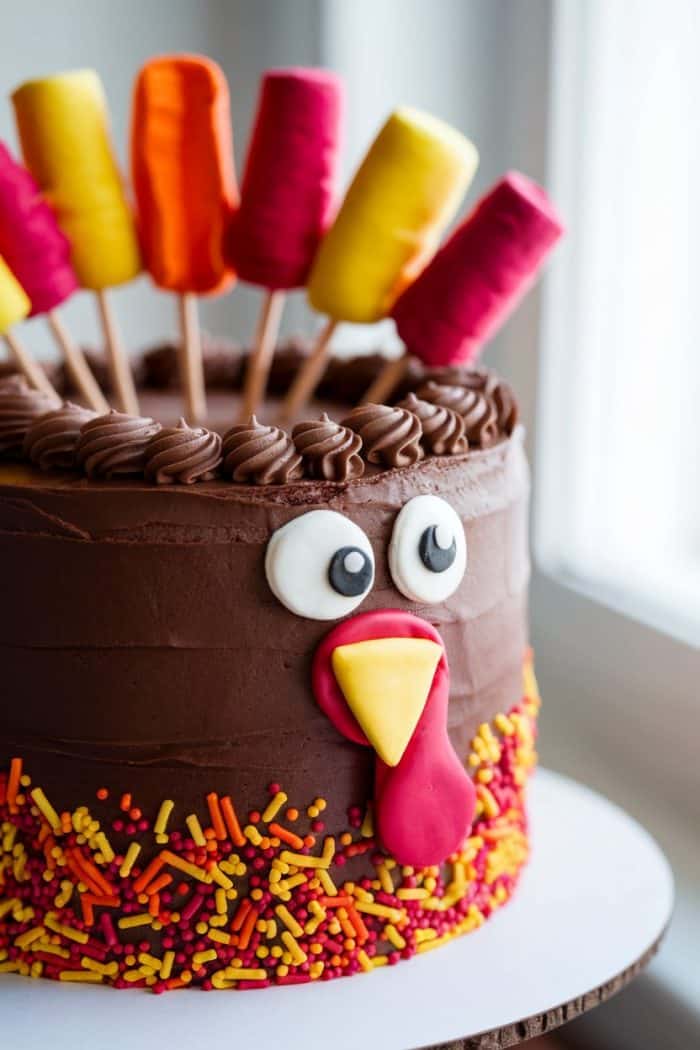 A chocolate cake decorated to resemble a turkey. It features large eyes, a beak, and a wattle made from fondant. The top is adorned with colorful marshmallow pops resembling feathers, and the sides have red and yellow sprinkles.