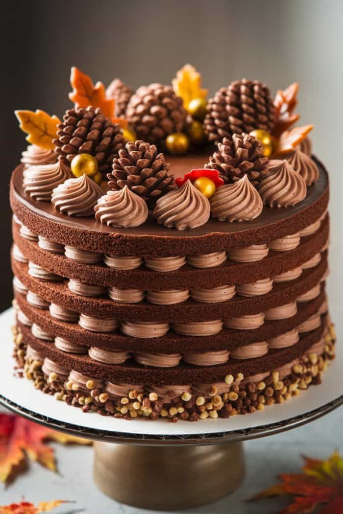 A tall chocolate cake decorated with chocolate pinecones, piped chocolate swirls, and colorful autumn leaves. The cake has thick layers and a textured design, and it sits on a round, elevated cake stand.