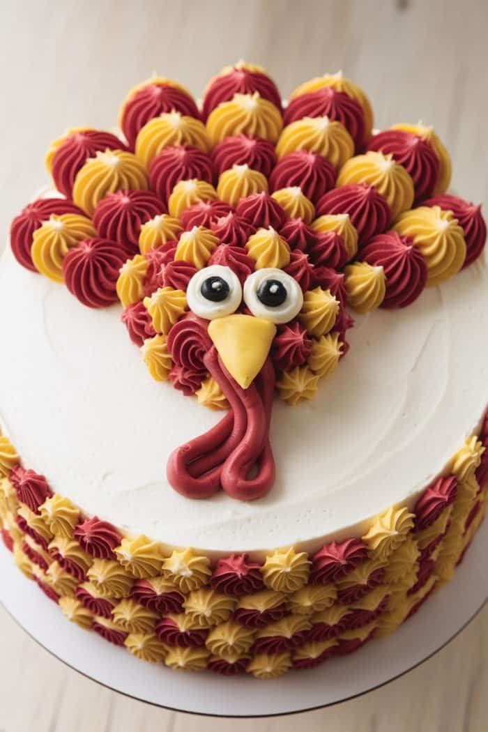 A round cake decorated with red and yellow frosting in the shape of a turkey with big eyes and a beak. The white base contrasts with the colorful, textured frosting resembling turkey feathers on top.