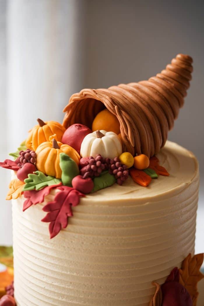 A cake decorated with an edible cornucopia filled with autumn-themed items like pumpkins, grapes, and leaves. The cake's sides have a textured, ribbed pattern, enhancing the festive fall design.