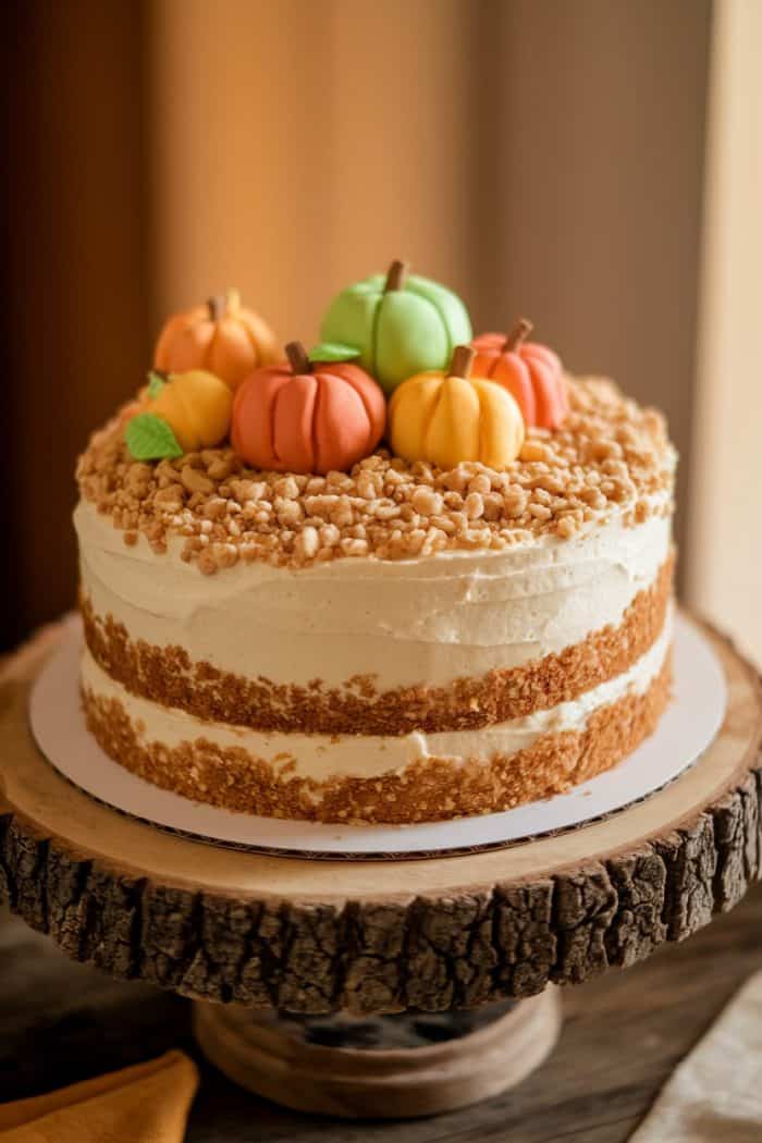 A rustic autumn-themed cake with layers of cream and brown crumble, topped with colorful fondant pumpkins. It sits on a wooden stand against a warm background.